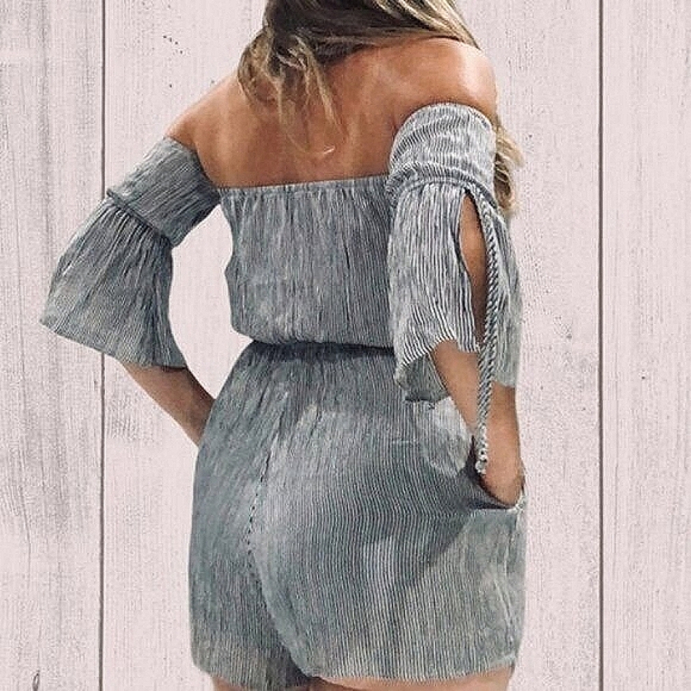 Vintage Y2K- Boho Off Shoulder Bell Sleeved Striped Romper Shorts
